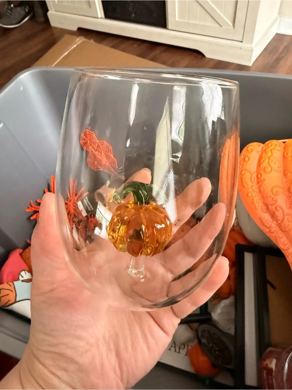 Glass Stemless Wine Glass with Blown Glass Pumpkin Accent - Orange